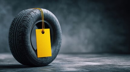 Single black tire with blank yellow price tag on concrete background. Sale concept.
