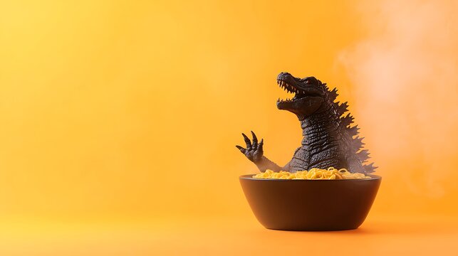 Godzilla figure emerging from a bowl of noodles with steam rising