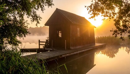 Sunrise on a rustic lake house