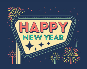 Retro Happy New Year Celebration Design with Fireworks and Stars Background Graphic