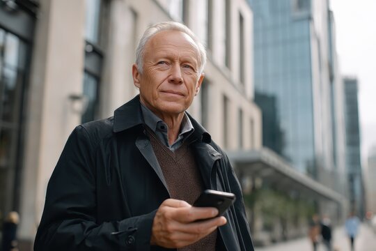 Mature businessman confidently checks his phone in a modern urban setting during a clear afternoon, showcasing professionalism and focus in a bustling city environment