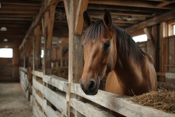 Horse relaxing in a rustic stall, with a natural wooden setting, surrounded by hay and warm lighting in the barn's interior during daytime