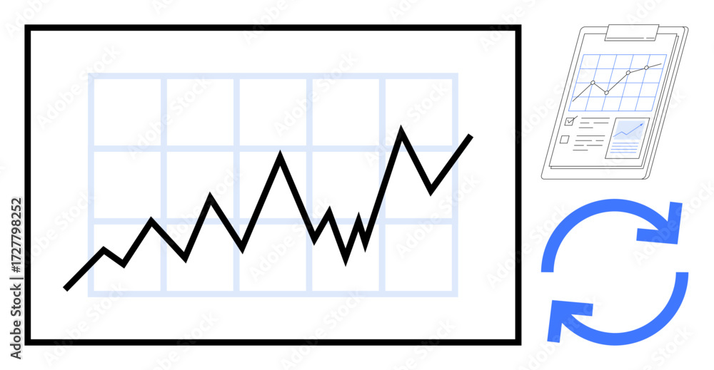 Poster chart with rising line graph, grid background, document clipboard with data analysis, and blue cycle