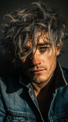 Fototapeta premium Captivating studio portrait of a handsome man with a thoughtful gaze, his textured grey and dark hair stylishly tousled, wearing a rugged denim jacket under dramatic, artistic lighting