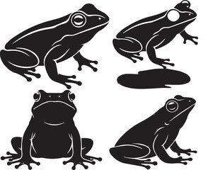 Frog Silhouette Set, Black and White Vector Illustration Featuring Four Poses Including Side, Frontal, and Seated Views
