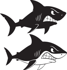 Cartoon Shark Duo, Black and White Vector Illustration Featuring Aggressive Expressions and Stylized Anatomy