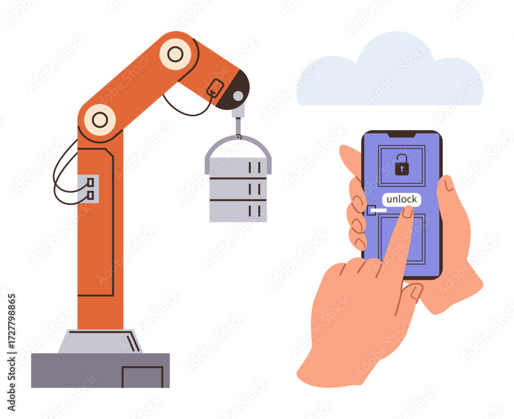 Poster robotic arm lifting a server block and smartphone used to unlock it digitally. ideal for automation,