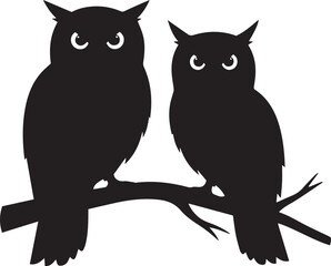 Owl Pair on Branch, Black Silhouette Illustration Featuring Two Stylized Owls with Prominent Eyes and Tufts
