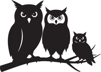 Owl Trio on Branch, Black Silhouette Illustration Featuring Three Owls in Varying Sizes and Attentive Poses