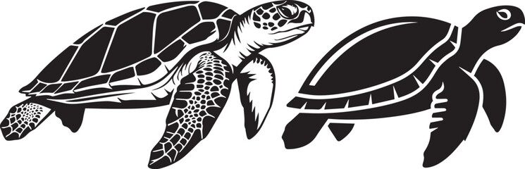 Sea Turtle Duo, Black and White Illustration Featuring Realistic and Abstract Shell Designs