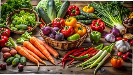 Fresh Organic Vegetables Arranged on Rustic Wooden Table
