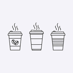 Three steaming coffee cups in a simple black and white design