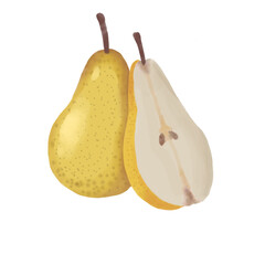 Watercolor illustration of a yellow pear, one whole and one sliced in half, set against a black background. Evokes freshness, healthy eatin and natural produce for food, grocery and wellness projects