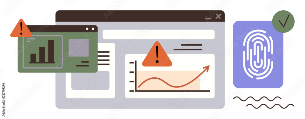 Aufkleber data analytics dashboard with growth chart, security alerts, authentication fingerprint. ideal for c