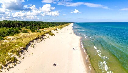 Aerial view of a long sandy beach, forest edge, and turquoise sea under a blue, cloudy sky