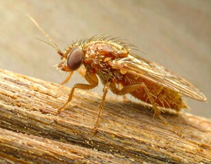 Close-up of a small fly on a wooden branch