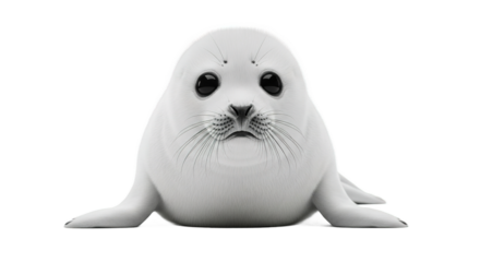 A white baby seal is centered against a bright white background.