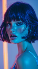 Portrait of a woman with short dark hair, bathed in neon blue and orange light, evoking a sense of mystery and allure