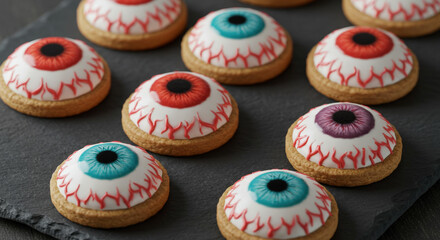 Eyeball cookies with candy iris and red icing veins, arranged on slate.