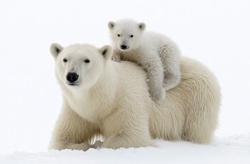 Fototapeta premium Polar bear mother and cub on snow