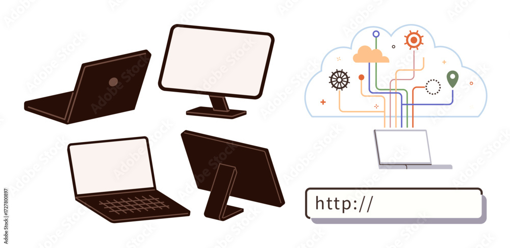 Poster laptops, desktop monitor, cloud graphics with circuitry, and a browser url bar illustrating connecti
