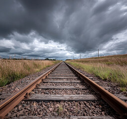 Obraz premium A railway track stretching into a cloudy sky