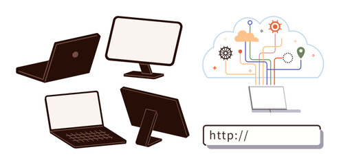 Fototapeta premium Laptops, desktop monitor, cloud graphics with circuitry, and a browser URL bar illustrating connectivity and technology. Ideal for tech innovation, online services, internet, data, cloud storage IT