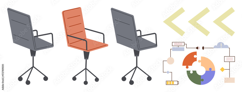 Aufkleber three rolling office chairs with a highlighted red one, accompanied by a colorful workflow diagram. 