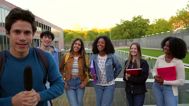 Young reporter interviewing university students on campus