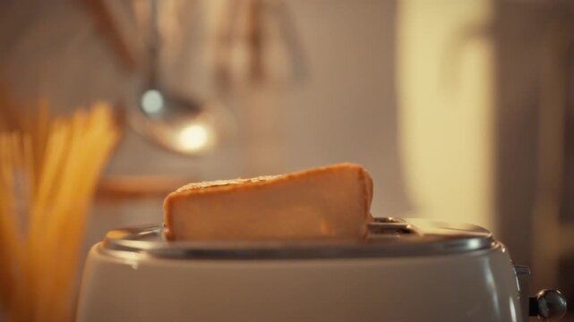 The process of popping a slice of white bread out of a hot toaster. Toasting in the kitchen in the evening for dinner. Close-up of the final toasting of a piece of bread in a toaster