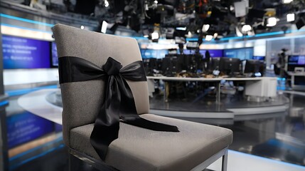 Obraz premium Al Jazeera newsroom with a chair draped in black ribbon, tribute