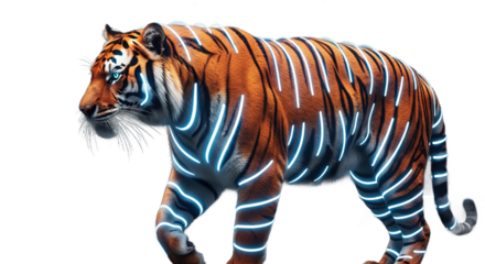Tiger with glowing blue lines walking on a dark surface.