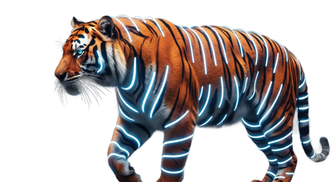 Tiger with glowing blue lines walking on a dark surface.