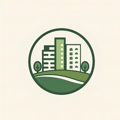 Eco-friendly city logo, minimalist design, modern buildings intertwined with trees and greenery, sustainable urban planning