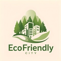 Eco-friendly city logo, minimalist design, modern buildings intertwined with trees and greenery, sustainable urban planning