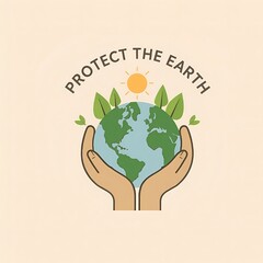 “Protect the Earth” logo, minimalist and clean design, symbol of environmental protection, planet Earth, green continents, blue oceans, hands holding the planet, trees, leaves, sun