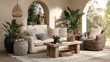 A sun-drenched outdoor living space features a neutral color palette, natural textures, and lush greenery.