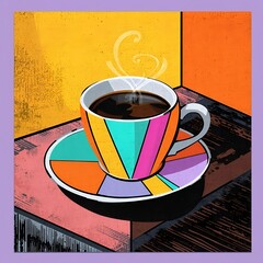 A stylized digital illustration of a coffee cup on a table, featuring a geometric patchwork composition