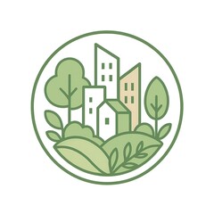 Eco-friendly city logo, minimalist design, modern buildings intertwined with trees and greenery, sustainable urban planning