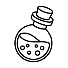 Vector cartoon line art illustration of a magic potion bottle with bubbles isolated on white background. Halloween element, spooky elixir.