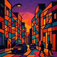 A stylized digital illustration of a city street at sunset, featuring a geometric patchwork composition.