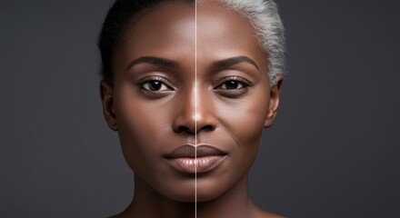 Aging and beauty concept: half young and half older woman's face