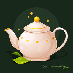 Vector illustration of a white porcelain teapot decorated golden elements isolated on a dark green background with green leaves and sparkle.
