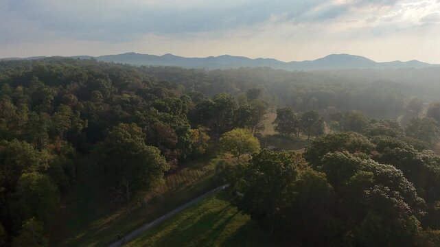 Aerial moody morning over countryside in North Georgia Mountains