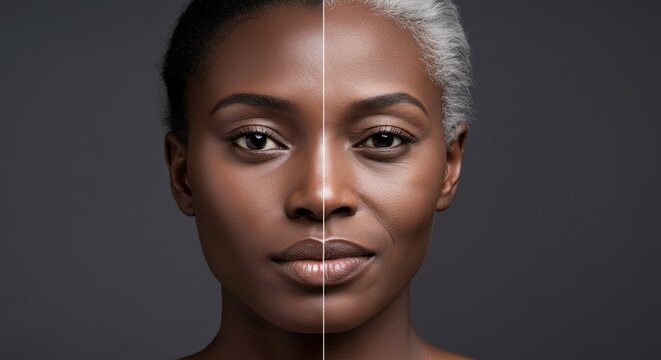 Aging and beauty concept: half young and half older woman's face