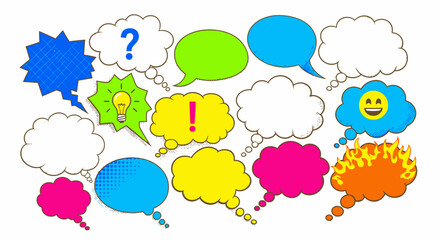 Colorful thought bubbles with various shapes and symbols, representing different ideas and emotions.