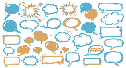 A diverse collection of hand-drawn comic style speech bubbles and thought clouds in blue and orange.