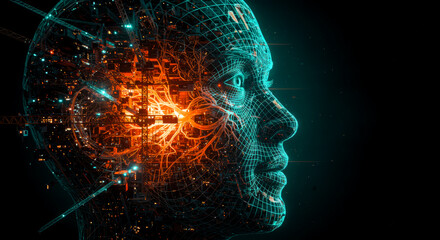 Wireframe Human Head with Cybernetic Circuitry and Digital Overlay