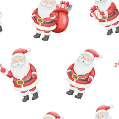 Seamless watercolor pattern with smiling Santa Clauses in different poses. Gifts, candy canes, red bag. Symbol of New Year and Christmas. White background.
