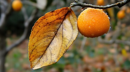 Closeup Dewy Orange Kumquat Autumn Leaf Branch
